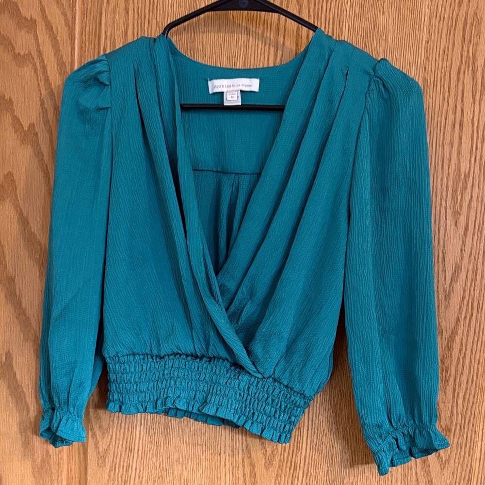 Monteau Teal Blouse with Smocked Hem